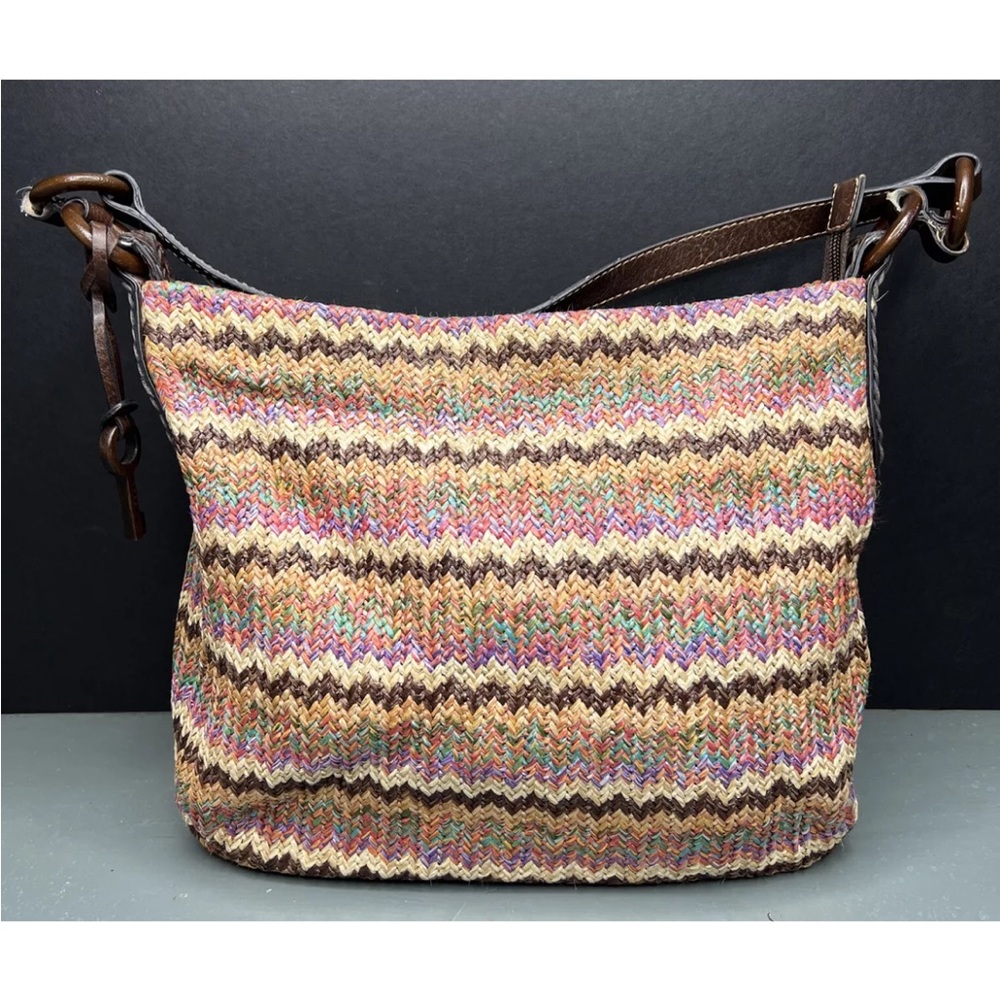 Fossil Womens Shoulder Purse Leather Trim Studded Raffia Weave Straw Multicolor